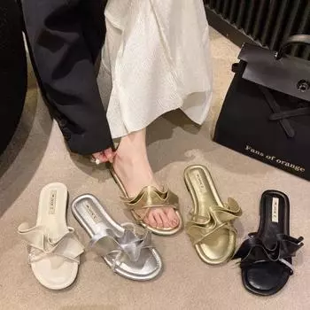 2024 Новые женские туфли Летние туфли на плоской подошве Тапочки с оборками по краю Платья Неглубокие повседневные женские шлепанцы Римские женские сандалии с открытым носком Тапочки 35 бежевый