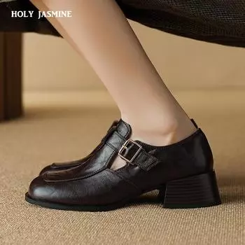 2024 Новые женские туфли-лодочки из натуральной кожи на платформе, лаконичные базовые туфли, женская повседневная рабочая обувь с пряжкой на весну и лето в стиле ретро 34 чёрный