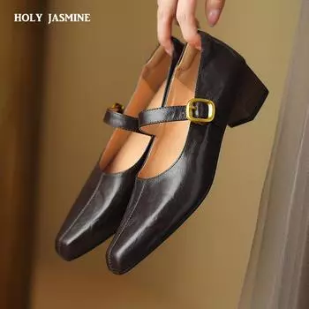 2024 Новые женские туфли-лодочки из натуральной кожи с квадратным носком и пряжкой на ремешке, женские туфли на толстом каблуке, весна-лето, базовые рабочие офисные туфли для женщин 34 чёрный
