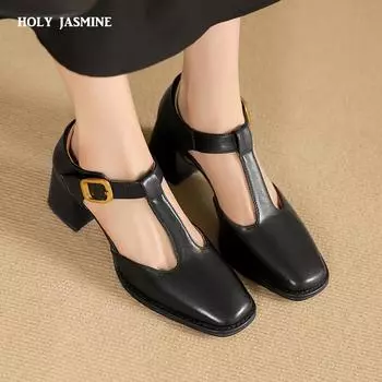2024 Новые женские туфли-лодочки из натуральной кожи с Т-образным ремешком на толстом высоком каблуке, модные туфли с круглым носком, элегантные туфли-лодочки для офиса, женские туфли на каблуке 34 чёрный