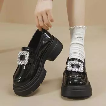 2024 Новые женские туфли-лодочки на толстой подошве, однотонные, со стразами, с квадратной пряжкой, весна-осень, женские туфли без застежек 35 чёрный