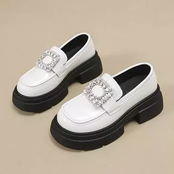 2024 Новые женские туфли-лодочки на толстой подошве, однотонные, со стразами, с квадратной пряжкой, весна-осень, женские туфли без застежек 35 чёрный