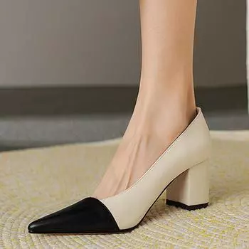 2024 Новые женские туфли-лодочки Осенние офисные женские вечерние туфли с острым носком на тонком каблуке Мягкие туфли из натуральной кожи Женская модная элегантная обувь 34 чёрный
