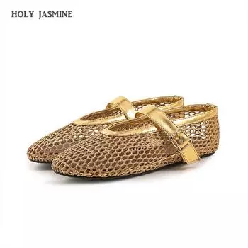 2024 Новые женские туфли Мэри Джейн на плоской подошве с сетчатыми пряжками и вырезами, вентилируемые, черные, повседневные летние туфли с круглым носком, женские размеры 34-43 34 золотой