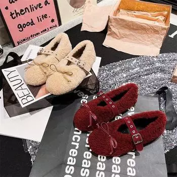 2024 Новые женские туфли Мэри Джейн на плоской подошве с бантом, зимние пушистые плюшевые модные новые однотонные удобные теплые балетки с пряжкой 35 бежевый