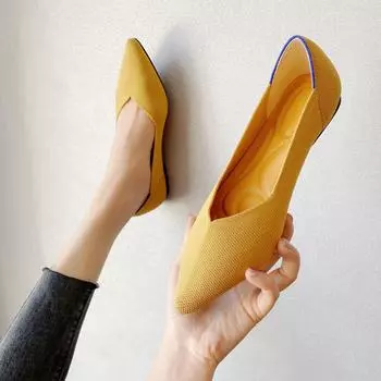 2024 Новые женские туфли, модные трикотажные балетки с острым носком, дышащие мокасины из сетки, удобные рабочие туфли с мягкой подошвой 35 абрикосовый