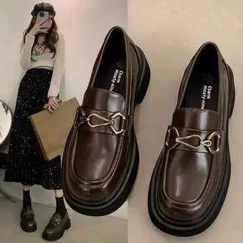 2024 Новые женские туфли на плоской подошве One-step Wearable Black Autumn British Mary Jan Shoes Small Leather Thick Bottomed Luck 35 чёрный