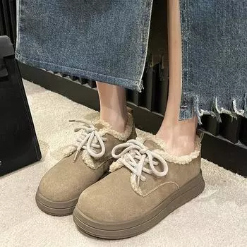 2024 Новые женские туфли на шнуровке, модные короткие плюшевые туфли, горячая распродажа, износостойкие туфли на плоской подошве с круглым носком для женщин, Zapatos Para Mujeres 35