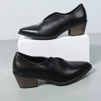 2024 новые женские туфли ретро простые туфли на среднем каблуке маленькие кожаные туфли с острым толстым каблуком одинарные туфли женские туфли большого размера 35 чёрный