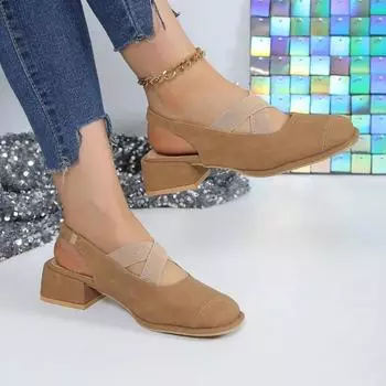 2024 Новые женские туфли с квадратным носком, удобный низкий каблук, эластичная лента, толстый каблук, универсальная женская обувь на весну и осень 35 бежевый