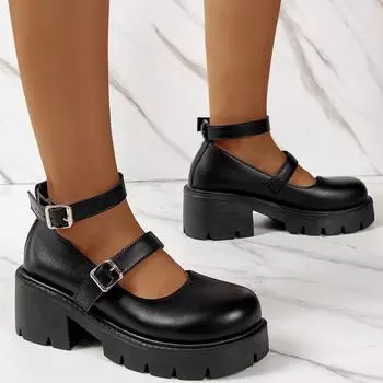 2024 Новые женские туфли в стиле Лолиты, винтажная студенческая форма, высокие каблуки, женская обувь на платформе, большие размеры, туфли Мэри Джейн, Zapatos De Mujer 35 чёрный