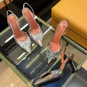 2024 Новые женские туфли Water Drill Hollow Shoes Тапочки с пряжкой-бабочкой Босоножки с острым носком на каблуке-бокале 34