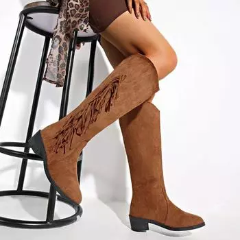 2024 Новые женские туфли, женские сапоги без застежек, модные современные сапоги с кисточками, женские сексуальные сапоги с острым носком, большие размеры, однотонные сапоги до колена 35 коричневый