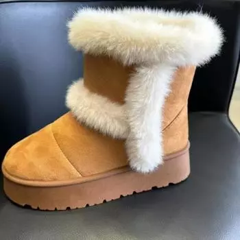 2024 Новые женские туфли Женские сапоги до середины икры Модные повседневные ботинки без застежек Женские зимние короткие плюшевые сапоги с отворотом 36 верблюд