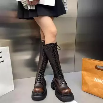 2024 Новые женские туфли Женские сапоги с молнией сзади Модные современные ботинки с перекрестной шнуровкой Женские сапоги с круглым носком Сапоги до колена Zapatos 35 чёрный