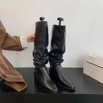 2024 Новые женские высокие сапоги, модные плиссированные длинные ботинки с острым носком, элегантные туфли на низком квадратном каблуке, зимняя женская обувь 35 бежевый