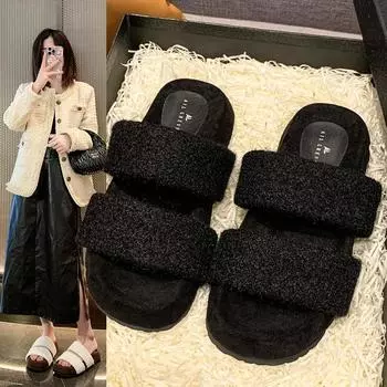 2024 Новые женские замшевые теплые тапочки с толстой подошвой, шлепанцы с квадратным носком, женские плюшевые хлопковые туфли в римском стиле на плоской подошве 35 бежевый