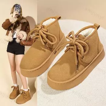 2024 Новые женские зимние ботинки Теплые плюшевые бархатные зимние ботинки Модные мягкие зимние кроссовки на шнуровке Удобные хлопковые короткие ботинки 35 чёрный