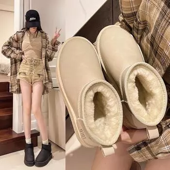 2024 Новые женские зимние ботинки, удобные теплые плюшевые ботильоны, женские утолщенные пуховые зимние женские туфли на плоской платформе, ботинки для женщин 35 жёлтый