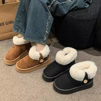 2024 Новые женские зимние ботинки, утолщенные пушистые теплые плюшевые ботильоны, женская зимняя обувь на плоской платформе, массивные ботинки для женщин 36 чёрный