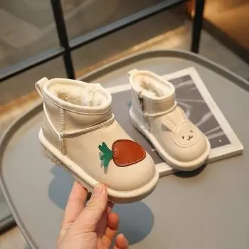2024 Новые зимние ботинки для девочек с мультяшным кроликом и морковкой Теплые осенне-зимние детские модные повседневные короткие ботинки для мальчиков 21-30 21 чёрный