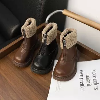 2024 Новые зимние ботинки для девочек с толстой подошвой, универсальные детские повседневные ботильоны, теплые плюшевые детские модные хлопковые ботинки с застежкой-молнией спереди 26 чёрный