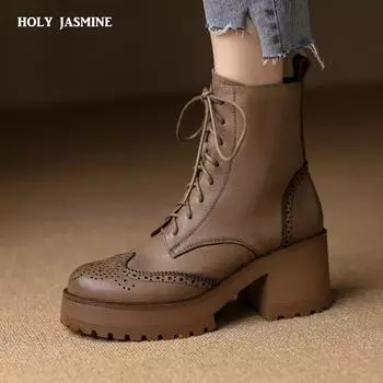 2024 Новые зимние ботинки Женская обувь Ботинки на платформе Натуральная кожа Ретро женские ботинки Ботинки на шнуровке Массивные ботильоны Квадратный каблук 34 чёрный