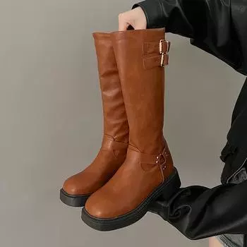 2024 Новые зимние джинсовые сапоги женские ретро коричневые с пряжкой на ремне круглые высокие сапоги длиной до колена 35 чёрный