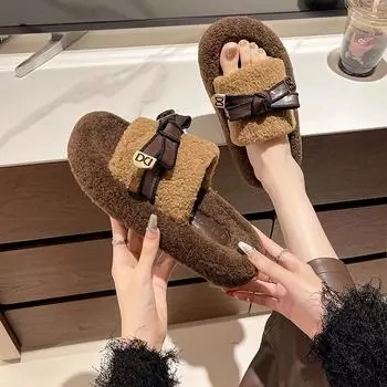 2024 Новые зимние хлопковые тапочки плюс бархатные туфли с открытым носком и толстой подошвой женские теплые тапочки нескользящие женские тапочки 35 бежевый