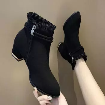 2024 Новые зимние модные сапоги женские меховые мягкие теплые остроносые ботильоны сексуальные женские сапоги на высоком каблуке со стразами на молнии 35 чёрный