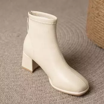 2024 Новые зимние низкие эластичные тонкие кожаные женские сапоги с квадратным носком и молнией сзади, британская мода, короткие сапоги для женщин 35