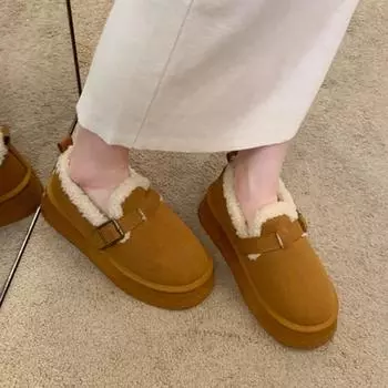 2024 Новые зимние плюшевые теплые туфли Botas De Mujer, модные классические замшевые туфли с круглым носком, повседневные женские туфли-лоферы на плоской подошве для вечеринок 36 чёрный