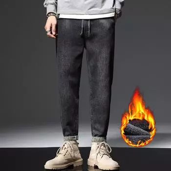2024 Новые зимние плюшевые толстые джинсовые мужские осенне-зимние ветрозащитные и морозостойкие повседневные мужские брюки для велоспорта 28 чёрный