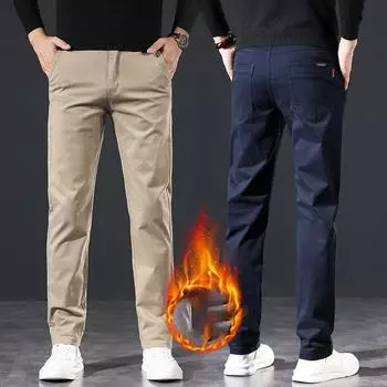 2024 Новые зимние плюшевые толстые мужские повседневные брюки прямые модные свободные мужские брюки деловые брюки высокого класса для мужчин 28 чёрный