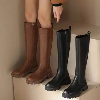 2024 Новые зимние рыцарские сапоги женские сапоги до колена длинные сапоги на квадратном каблуке женская обувь ретро толстые мотоциклетные сапоги Botas Mujer 35 чёрный
