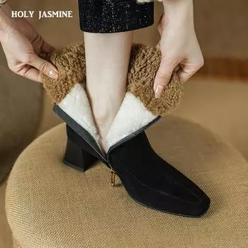 2024 новые зимние шерстяные теплые женские ботильоны из натуральной кожи с боковой молнией женские офисные рабочие короткие ботинки с квадратным носком 34 чёрный