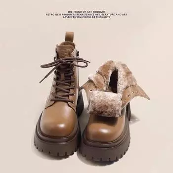 2024 новые зимние теплые меховые женские зимние сапоги модные нескользящие хлопковые туфли с подкладкой на платформе толстый каблук женские мотоциклетные сапоги 35 чёрный