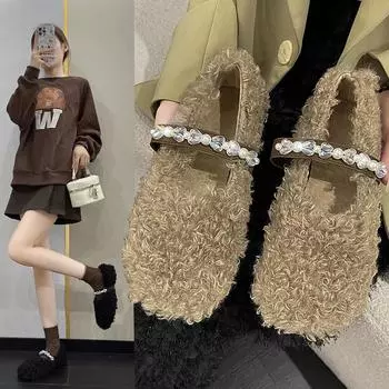 2024 Новые зимние теплые плюшевые женские уличные туфли на плоской подошве с плюшевой пряжкой из стразов, модная женская обувь, роскошная дизайнерская обувь 35 чёрный