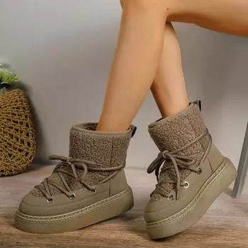 2024 новые зимние туфли с круглым носком и толстым дном спереди, с застежкой-липучкой, модные повседневные короткие теплые хлопковые ботинки для снега, женские 36 бежевый