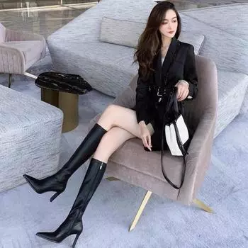 2024 Новые зимние женские длинные сапоги Модные тонкие высокие каблуки до колена сапоги женские 35 чёрный