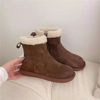 2024 Новые зимние женские меховые короткие сапоги, плюшевые толстые теплые плоские хлопковые туфли на толстой подошве, женские замшевые зимние сапоги Botas Mujer 35 темно-коричневого