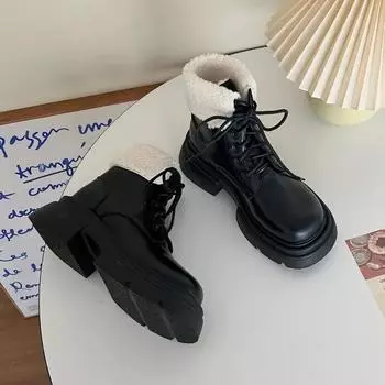 2024 Новые зимние женские новые брендовые меховые теплые зимние ботинки «Челси», короткие плюшевые ботильоны на плоской подошве, повседневная женская обувь, мотоциклетные ботинки 35 чёрный