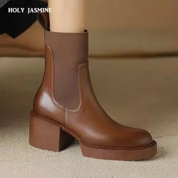 2024 Новые зимние женские сапоги Кожаные сапоги Туфли на толстом каблуке Осенние ретро женские туфли из спилка Ботинки на высоком каблуке Ботинки челси 34 чёрный