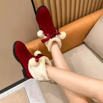 2024 новые зимние женские туфли с милым бантом hairball короткие зимние сапоги женские бархатные удобные теплые хлопковые туфли 35 красный