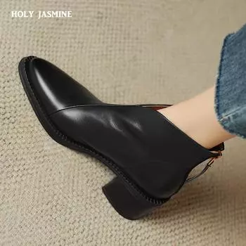 2024 Новые зрелые офисные женские короткие ботинки для женщин осень-зима из натуральной кожи на высоком каблуке с молнией сзади, рабочая обувь для женщин, базовая модель 34 чёрный