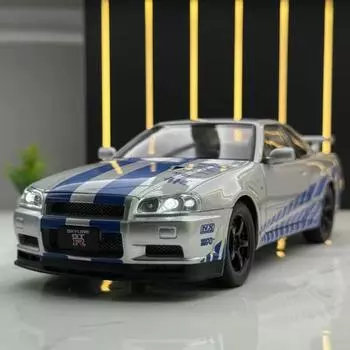 2024 Новый 1/24 Nissan Skyline GTR-R34 Форсаж Модель легкосплавного автомобиля Звук Свет Коллективный Миниатюрный литой игрушечный автомобиль Подарок для мальчика белый