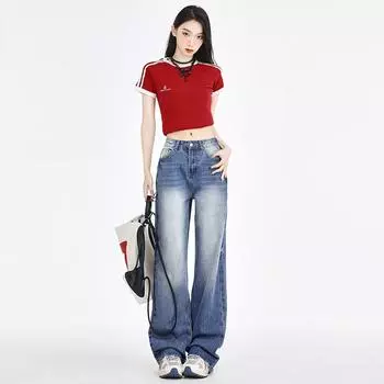 2024 Новый американский стиль Spicy Girl дизайн с бахромой со свободными и стройнящими прямыми широкими джинсами для женщин XS синий