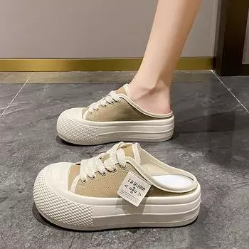 2024 Новый аутсайдер Носить Холщовый Полуперетягивать Большой Голова Уродливый Милый Ленивый Человек Толстая Подошва Увеличить Комфорт Борд Обувь Женский 35 бежевый