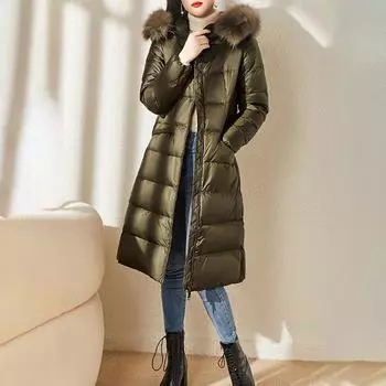 2024 новый большой меховой воротник из лисьего меха талия выше колена средняя и длинная утолщенная теплая куртка-пуховик женская с капюшоном M темно-коричневого