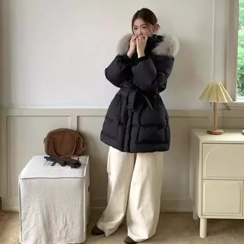 2024 новый большой меховой воротник с капюшоном белый утиный пуховик женский талия и тонкий средний и длинный утолщенный пальто S 80~ 62.5 kg